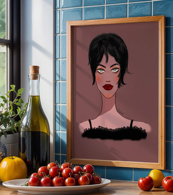 Illustration of a woman with short black hair and striking makeup on a brown background