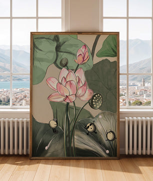 Illustrated lotus with playful cartoon bees in a serene garden