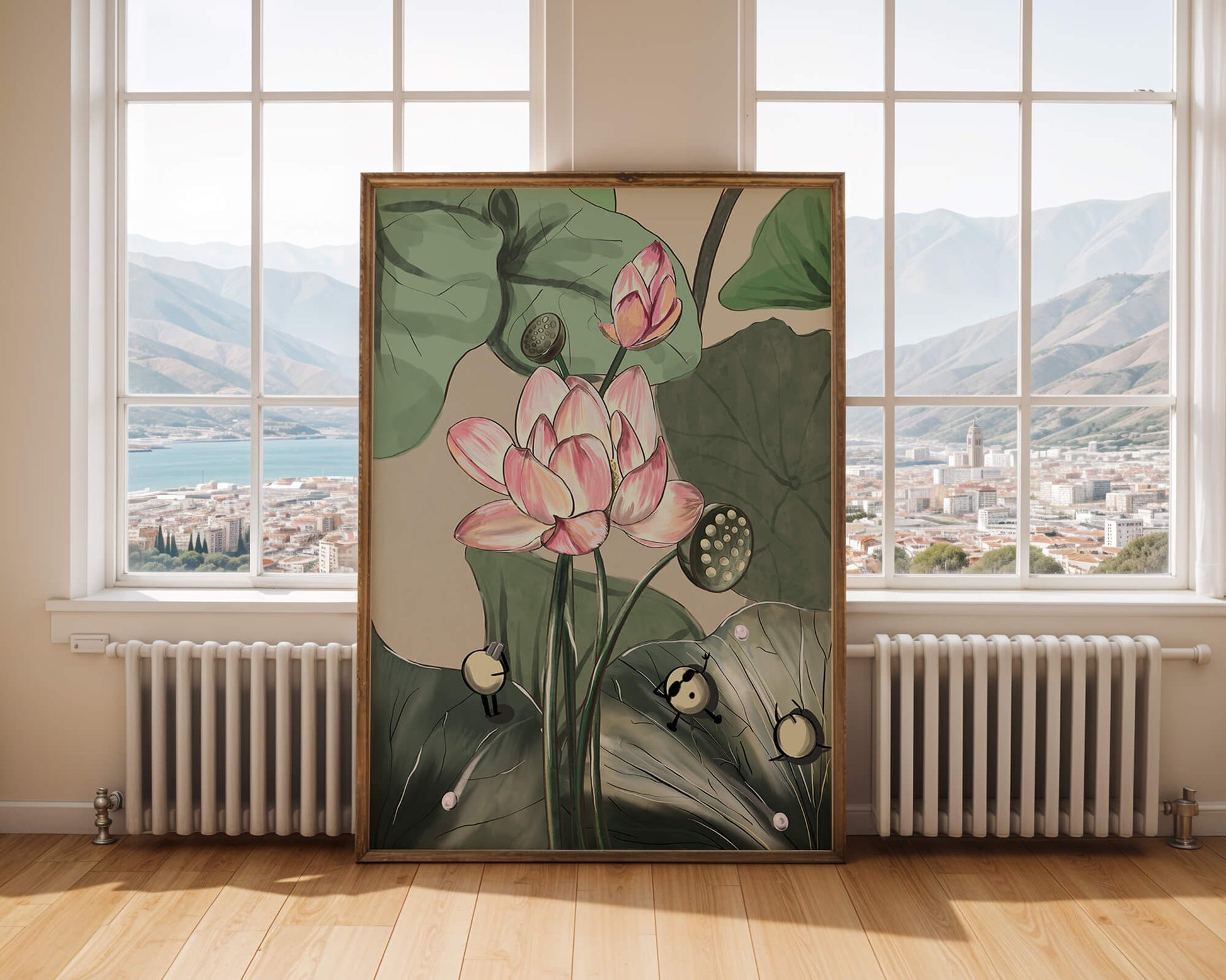 Illustrated lotus with playful cartoon bees in a serene garden