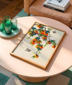 Branch with vibrant persimmons and birds illustration