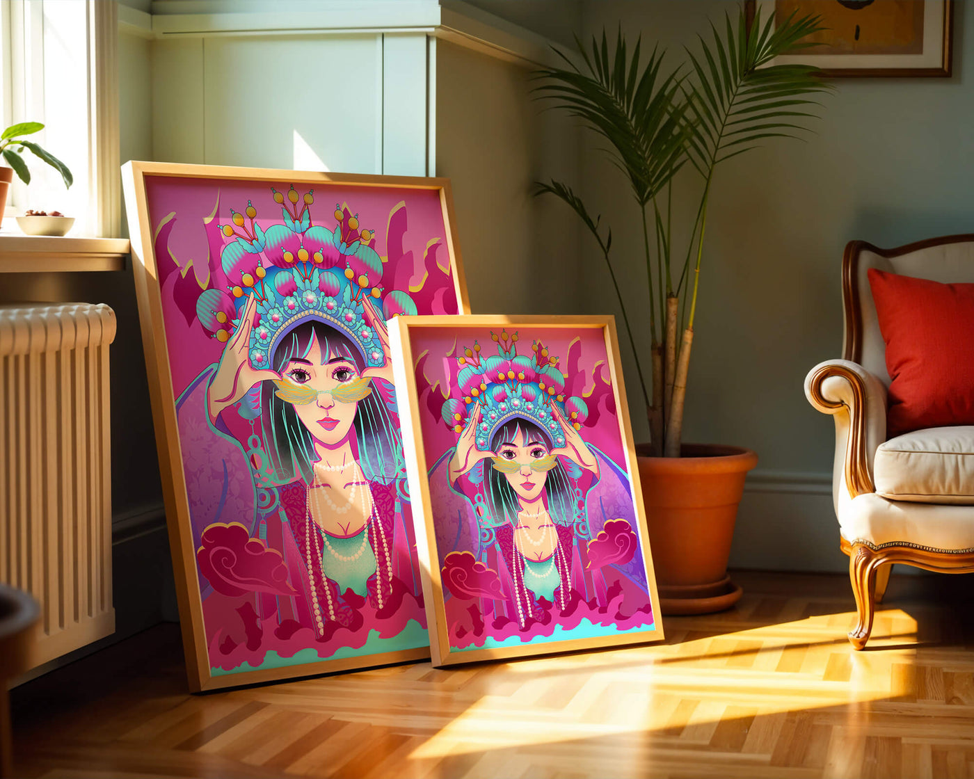 Colorful illustration of a woman in traditional costume with ornate headpiece