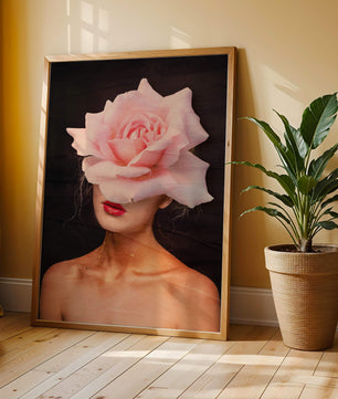 Woman with a Rose Head and Red Lips on a Dark Background - Mi tienda
