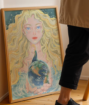 Fantasy artwork of woman holding earth with shimmering details
