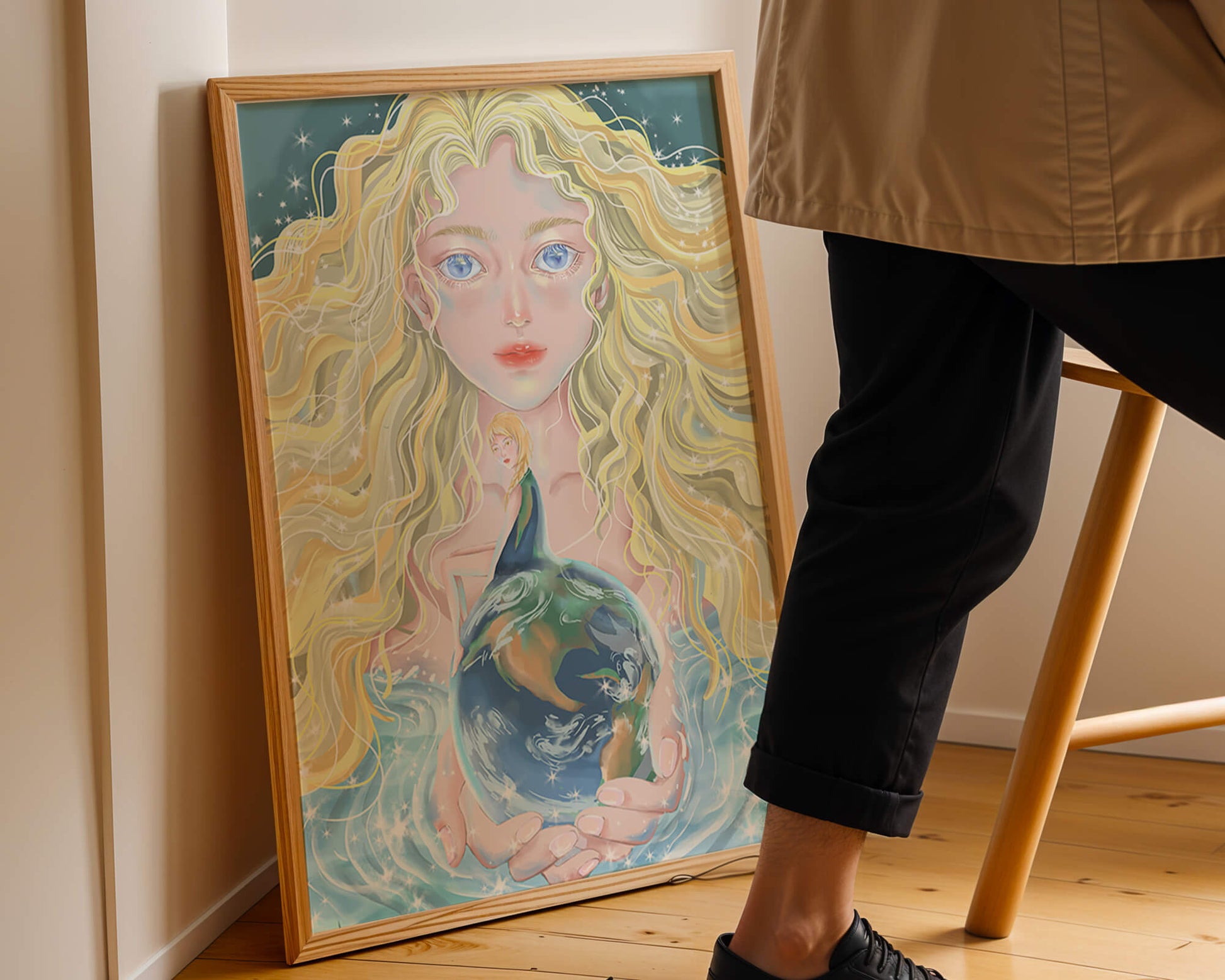 Fantasy artwork of woman holding earth with shimmering details