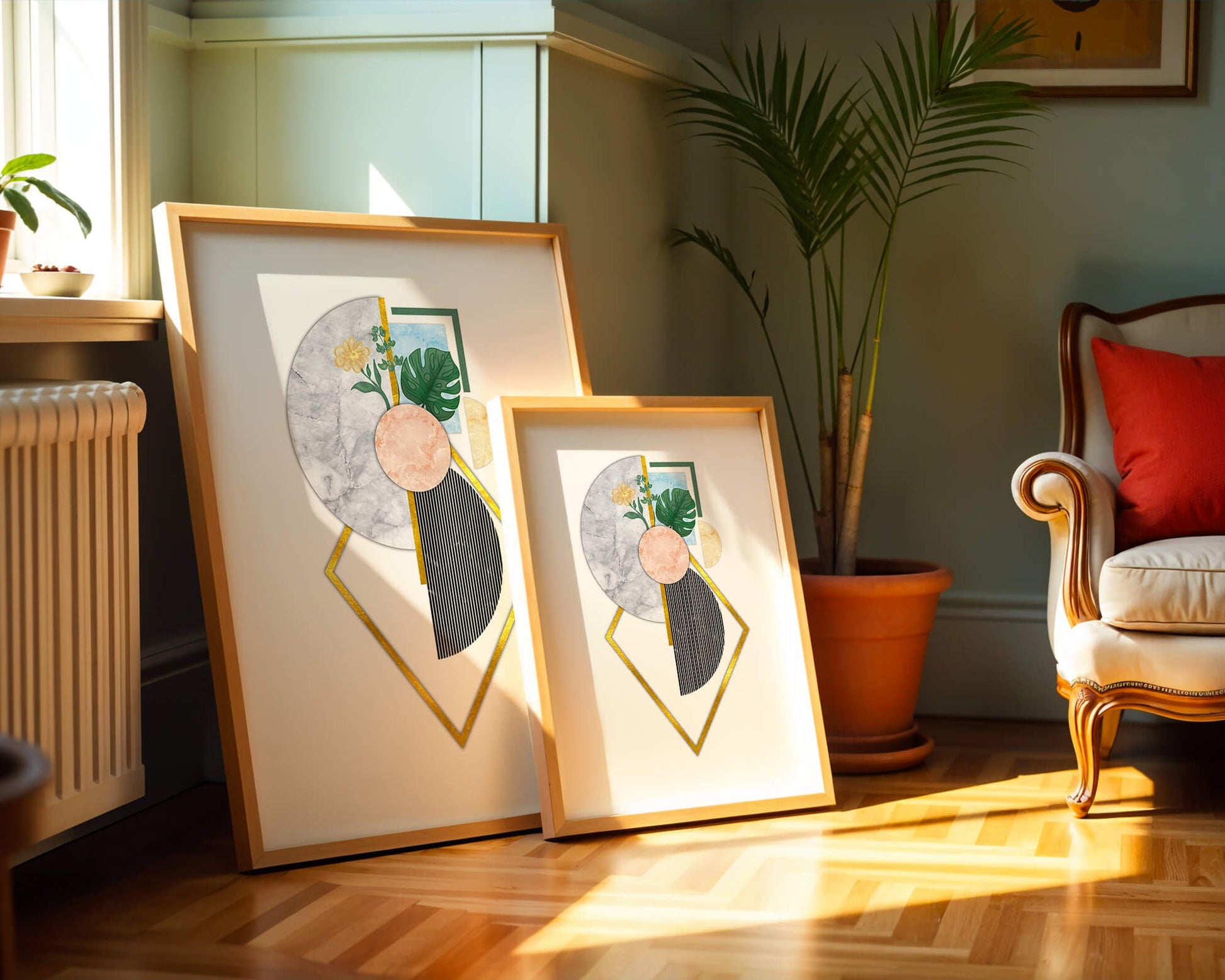 Abstract geometric art with floral and gold accents