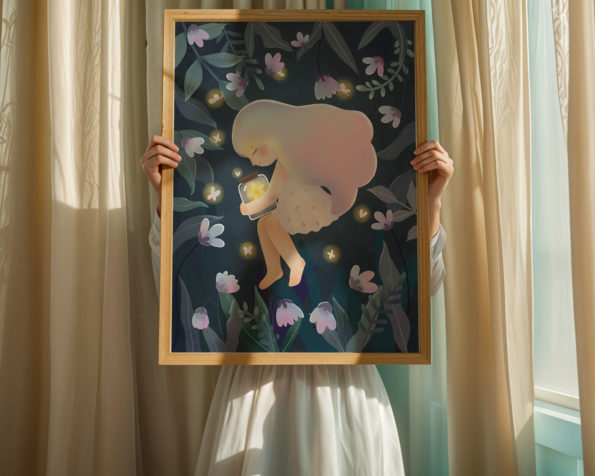 Illustration of a girl with glowing jar in moonlit garden