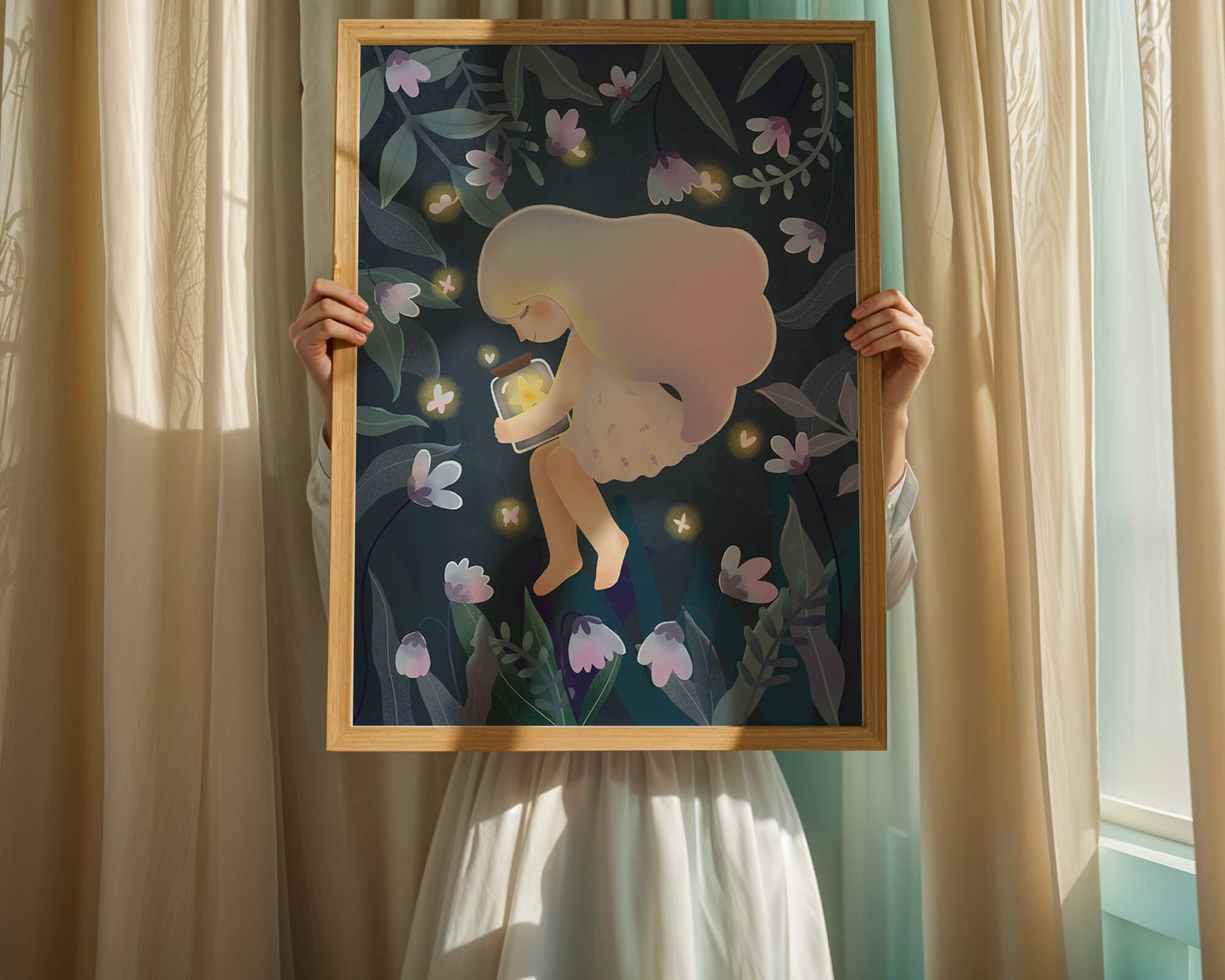 Illustration of a girl with glowing jar in moonlit garden