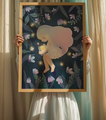 Illustration of a girl with glowing jar in moonlit garden