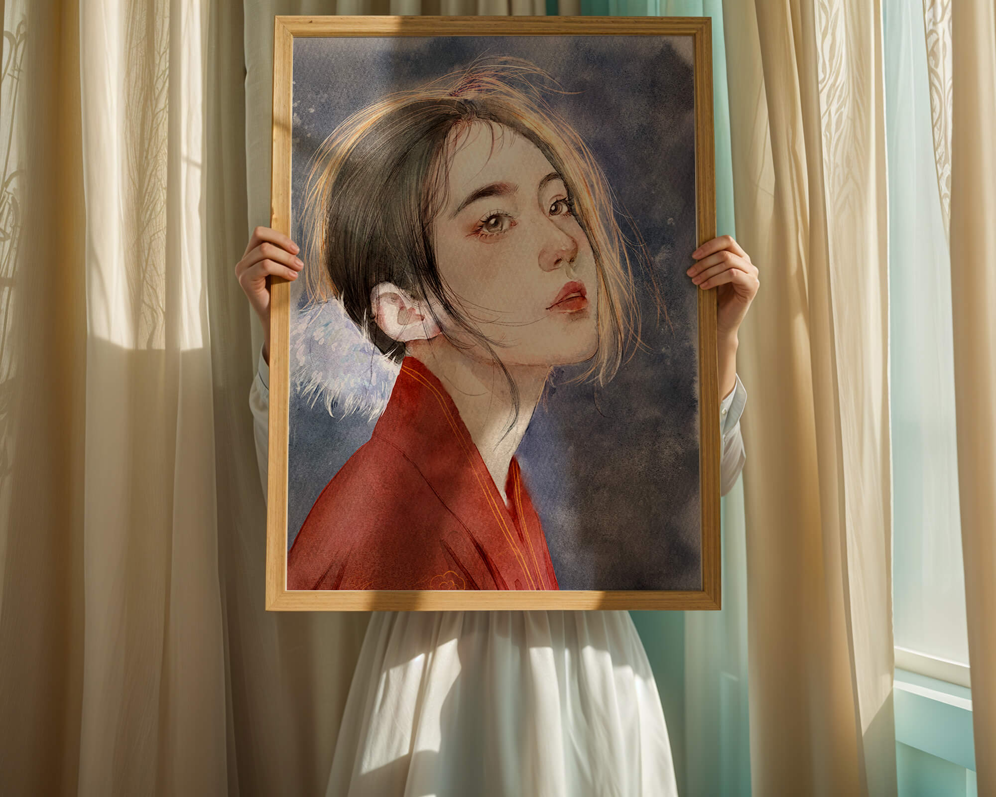 Watercolor portrait of a woman in a red garment with expressive features