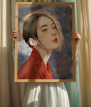 Watercolor portrait of a woman in a red garment with expressive features