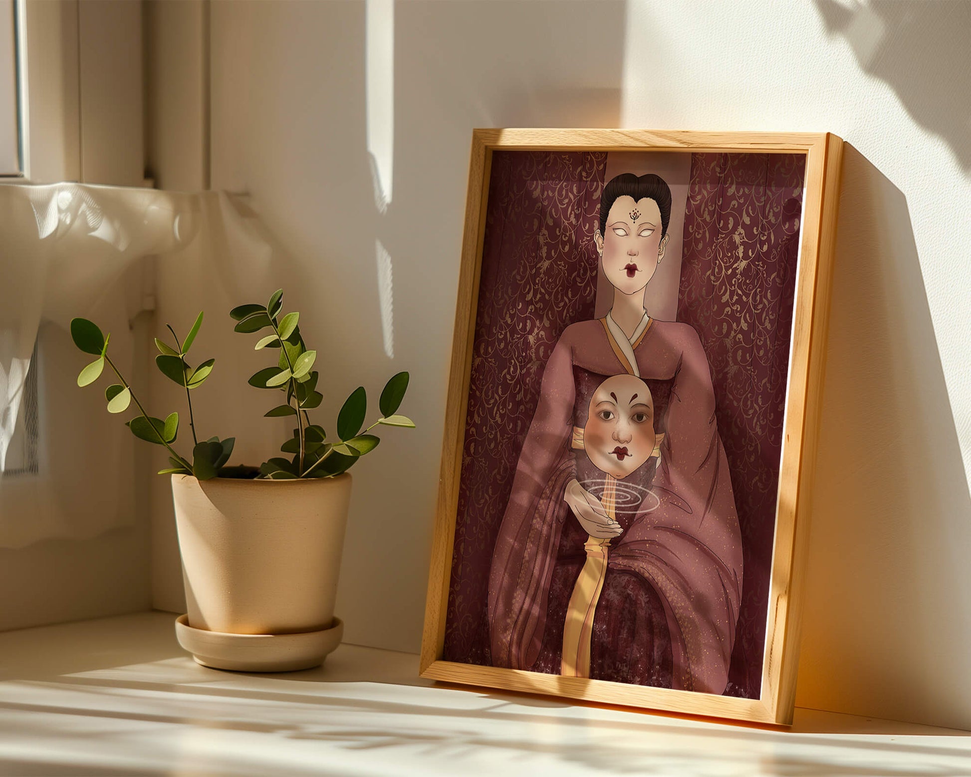 Ilustración de una figura mística con máscara y fondo ornamentado