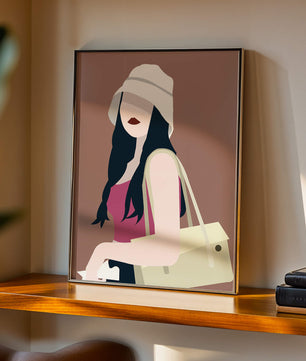 Ilustración elegante de una mujer con sombrero de cubo y ropa casual