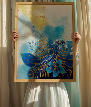 Floral illustration with blue leaves and golden accents on abstract background