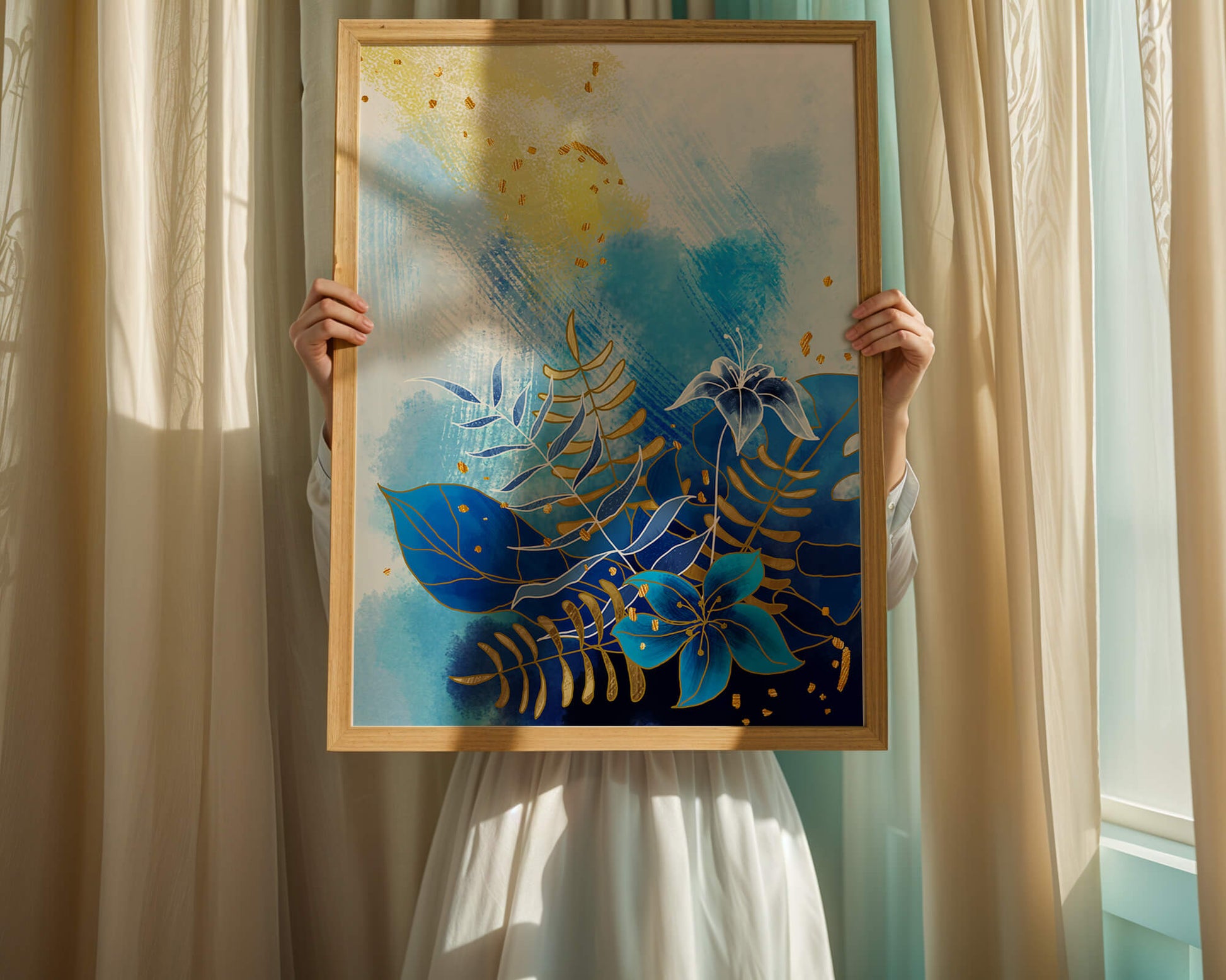 Floral illustration with blue leaves and golden accents on abstract background
