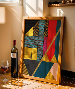 Geometric abstract art with bold colors and golden accents