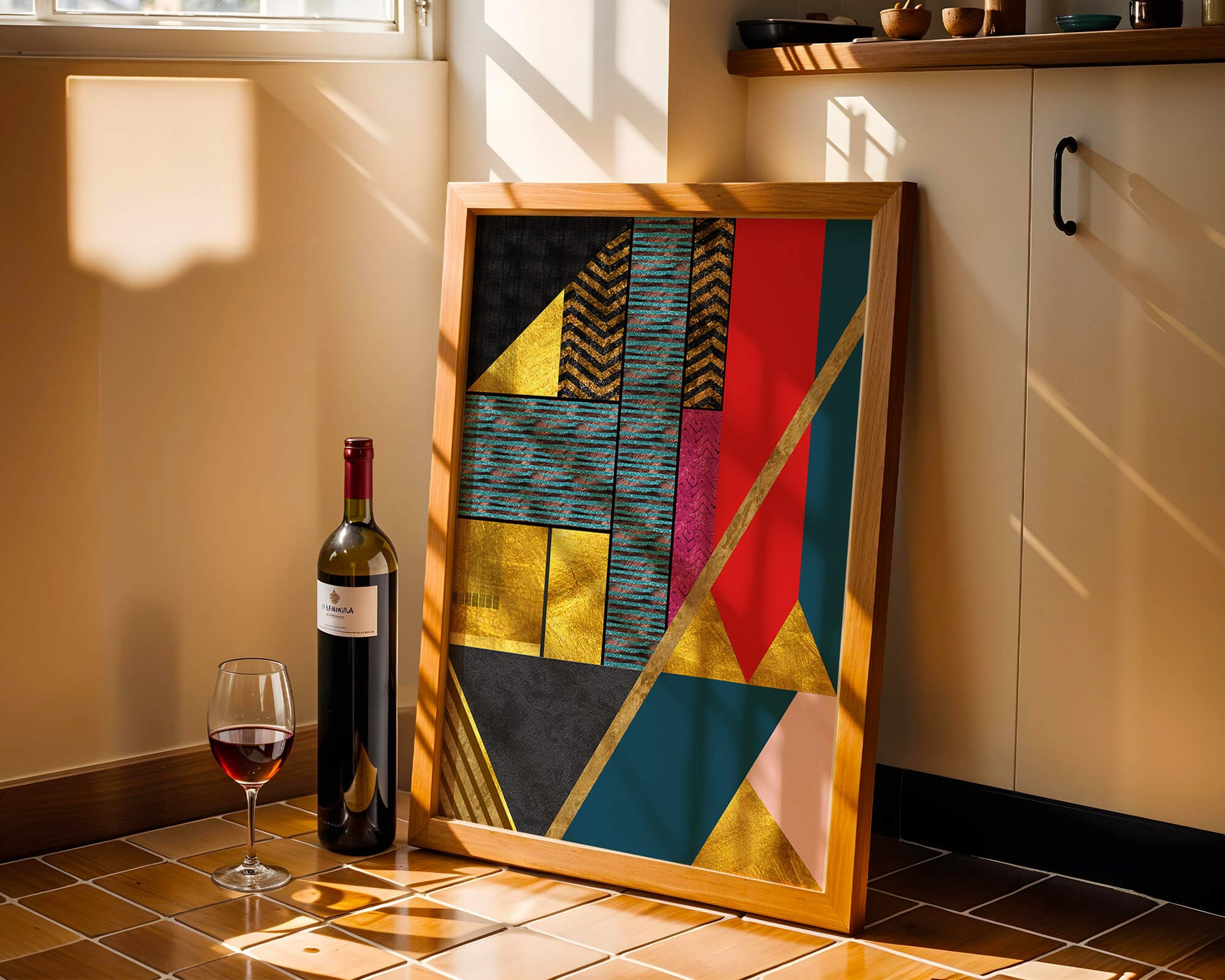 Geometric abstract art with bold colors and golden accents