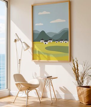 Pastoral Landscape with Mountains and Houses Under Blue Sky
