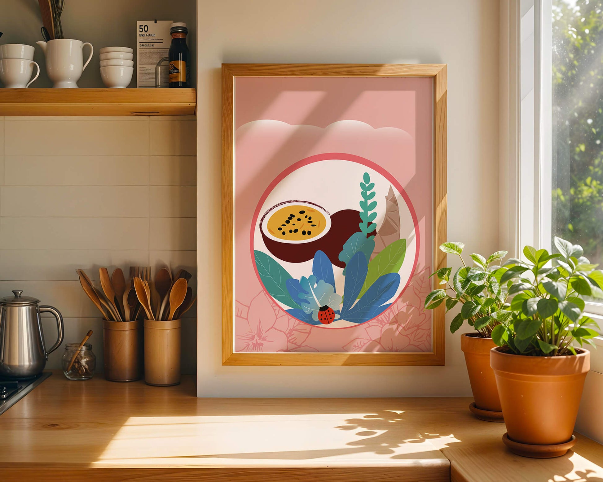 Ilustración de frutas tropicales y hojas con una mariquita sobre un fondo rosa