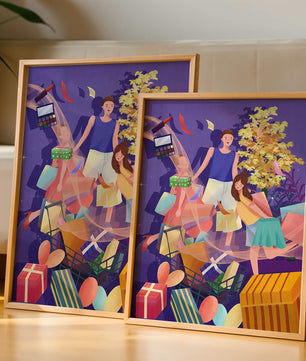 Illustration d'une expérience de shopping joyeuse en famille avec des cadeaux et des couleurs vives