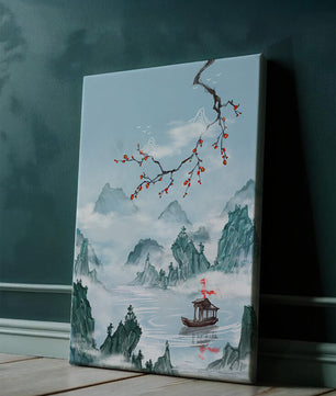 Chinese Landscape with Cherry Blossoms and Boat in Misty Mountains - Mi tienda