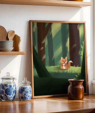 Charmante Illustration eines niedlichen Fuchses in einer ruhigen Waldlandschaft