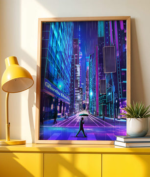 Scène de rue urbaine futuriste avec des néons et une ambiance pluvieuse