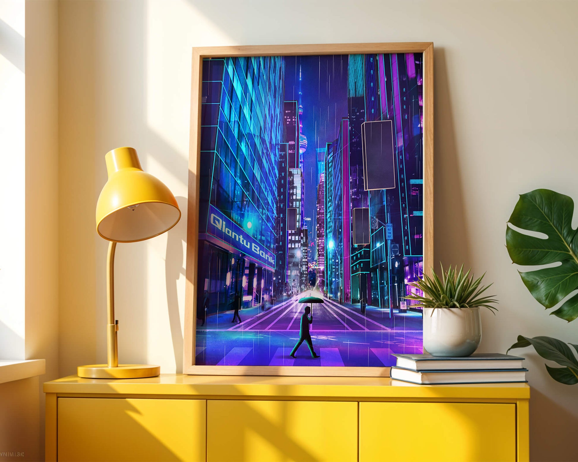 Futuristic urban street scene with neon lights and rainy atmosphere