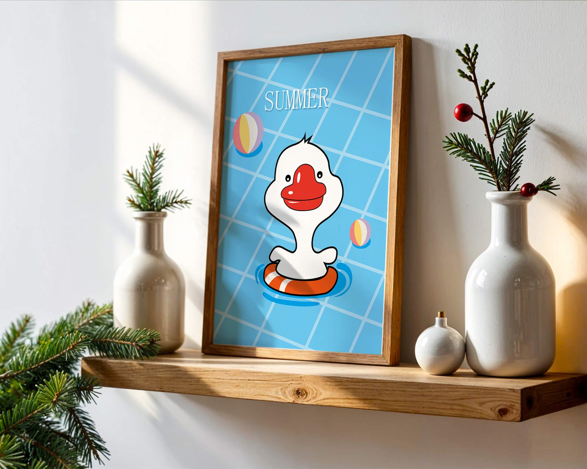 Cartoon duck swimming in a pool with summer beach elements