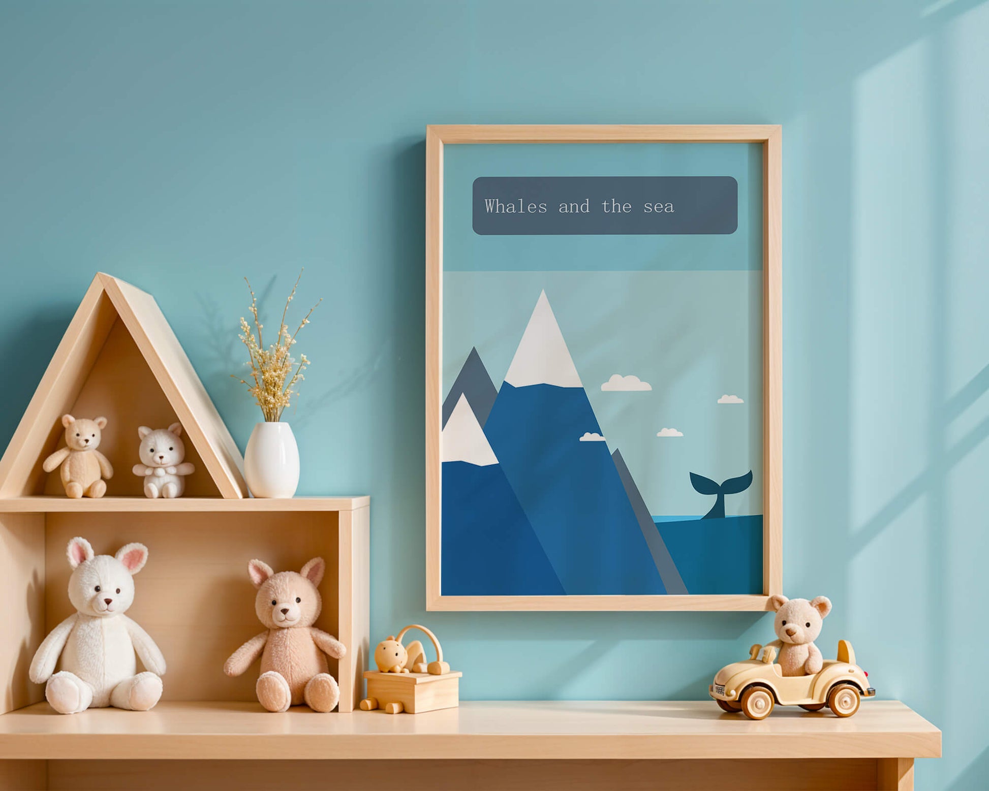 Whale and mountain illustration with sea and sky background