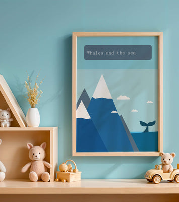 Whale and mountain illustration with sea and sky background
