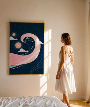 Cosmic Waves and Planets with Whimsical Pink Swirls and Stars - Mi tienda