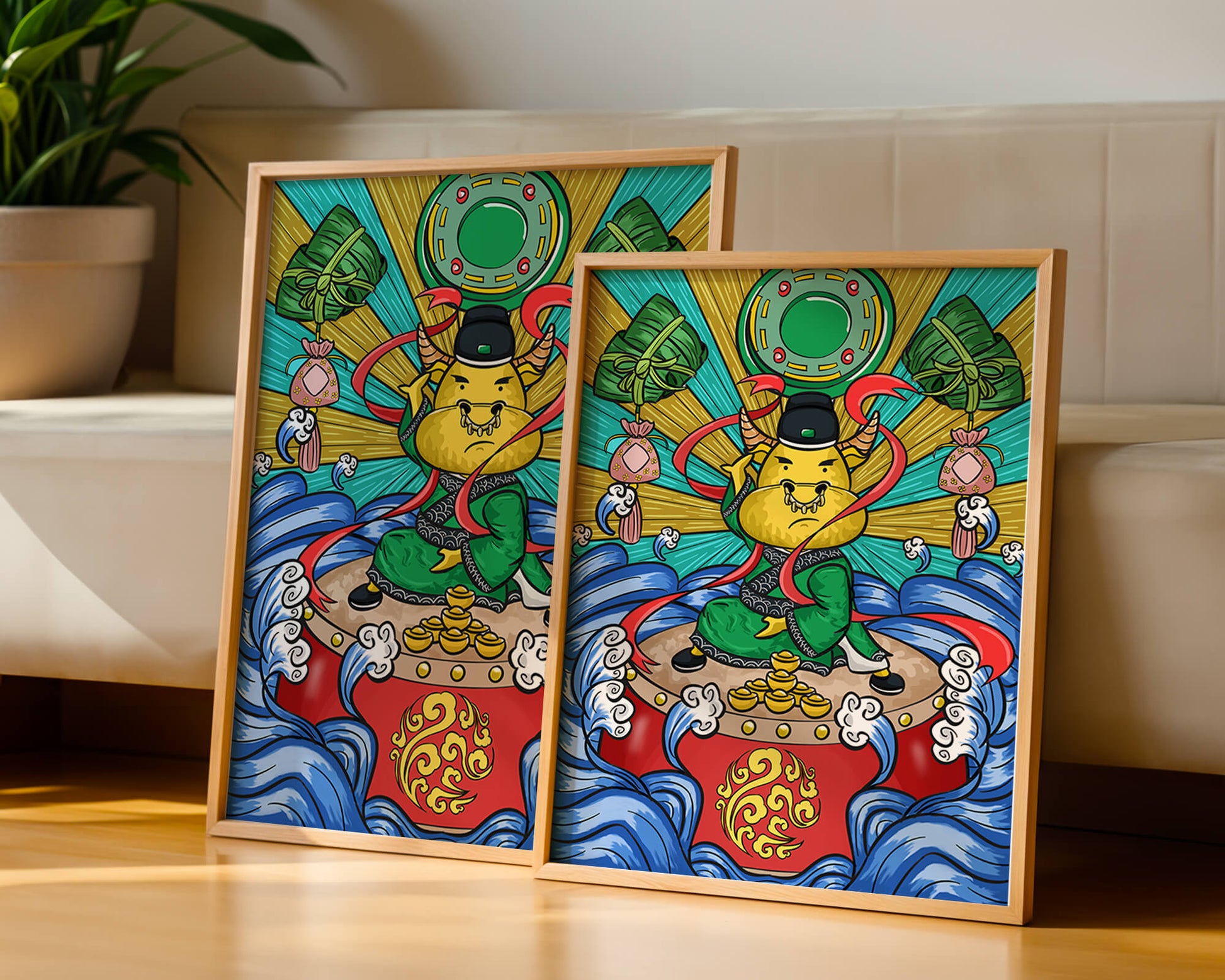 Colorful illustration of a mythical creature with traditional elements and vibrant colors
