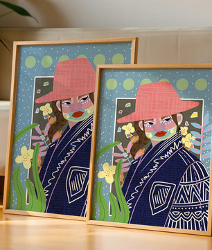 Retrato colorido con patrones y elementos abstractos