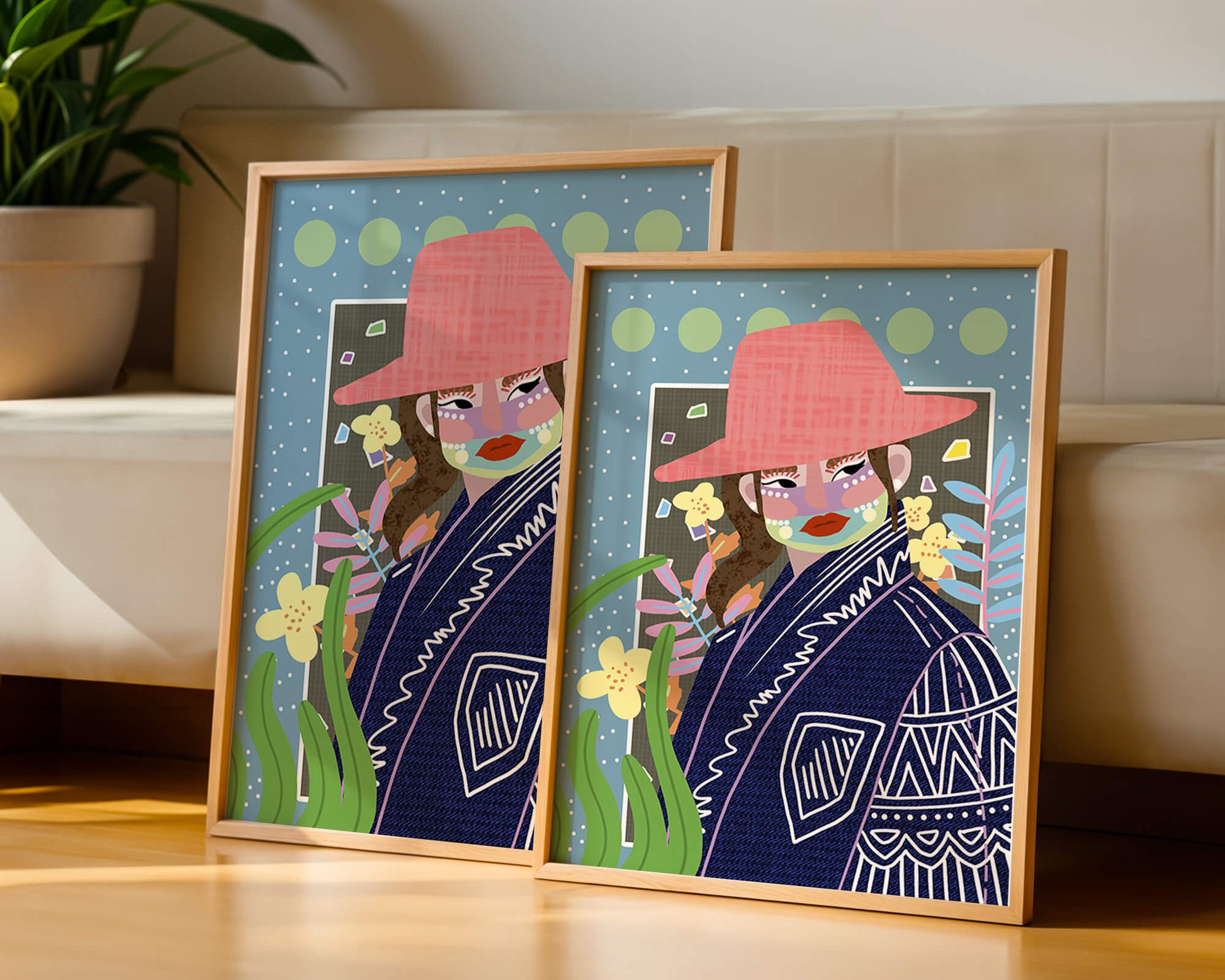 Retrato colorido con patrones y elementos abstractos