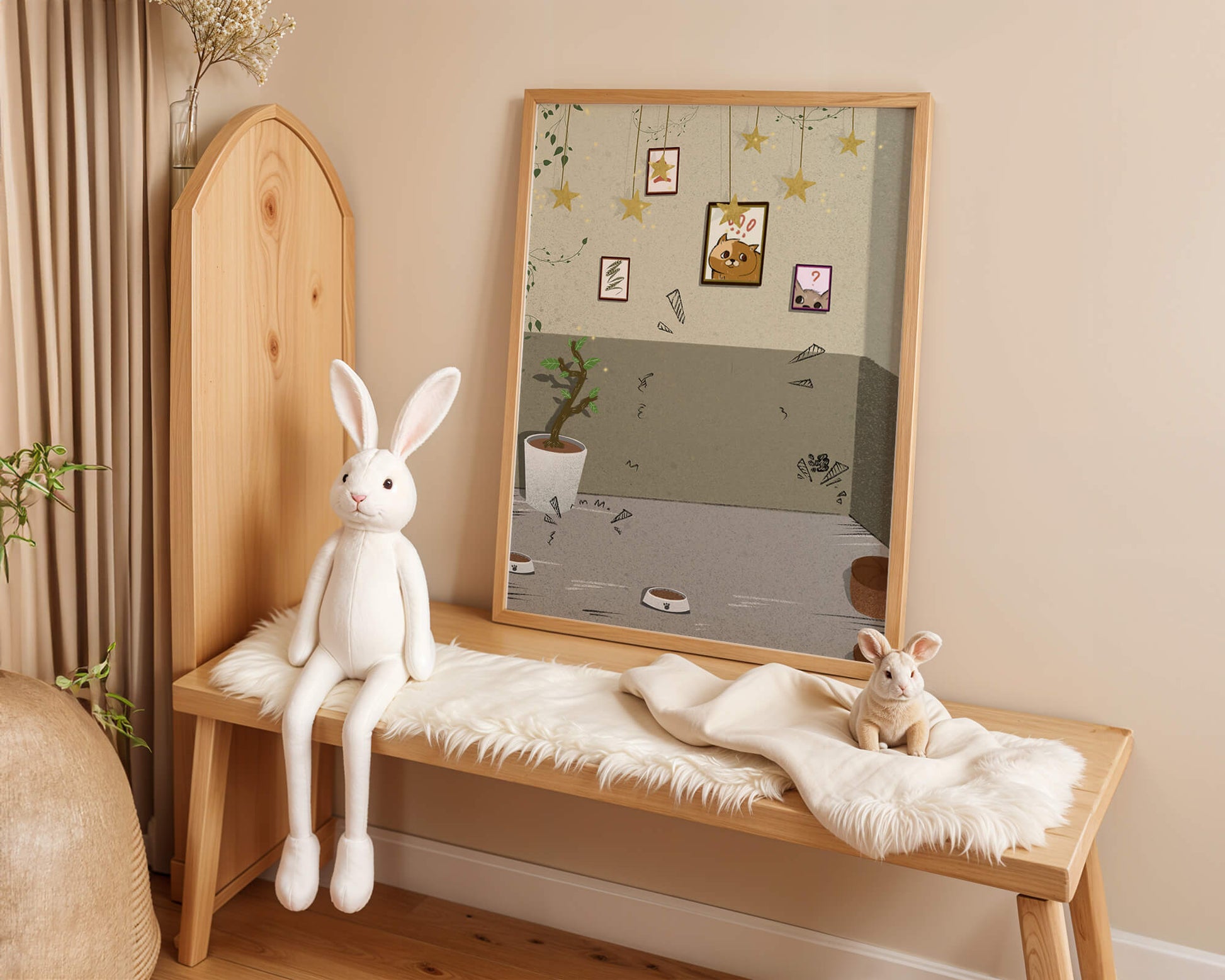 Cozy Room with Star Decorations and Cat Artwork