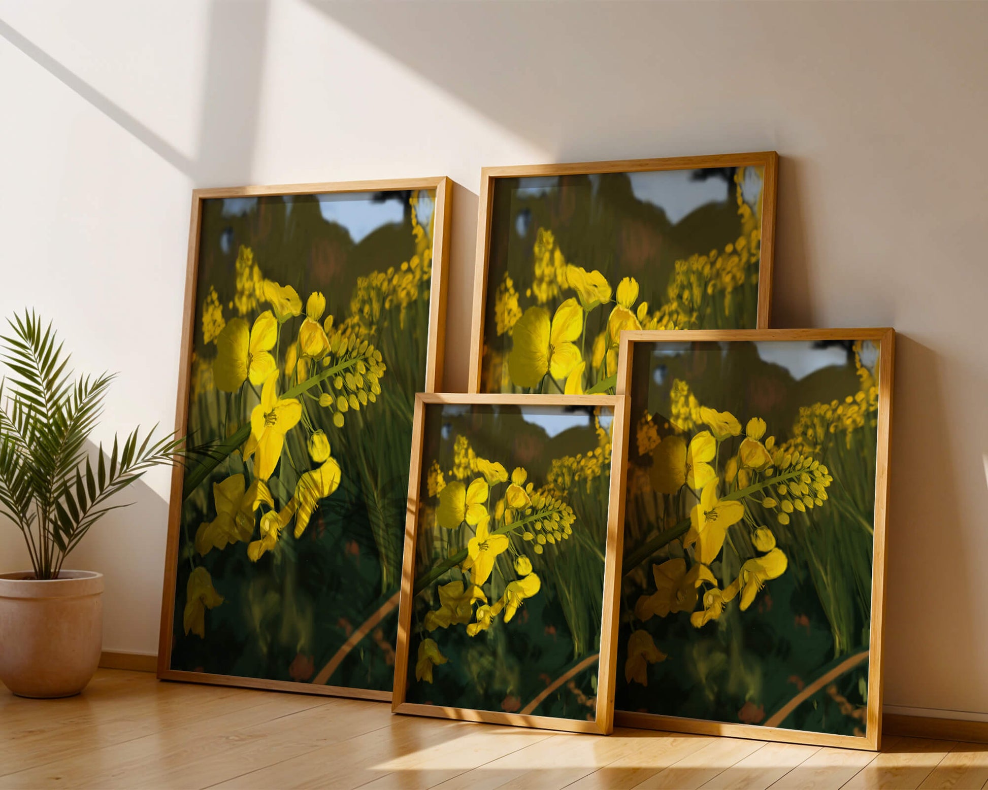 Close-up view of vibrant yellow flowers in a lush green field