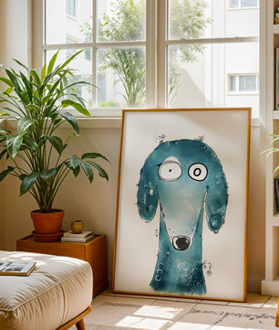 Illustration fantaisiste d’un chien bleu aux traits expressifs