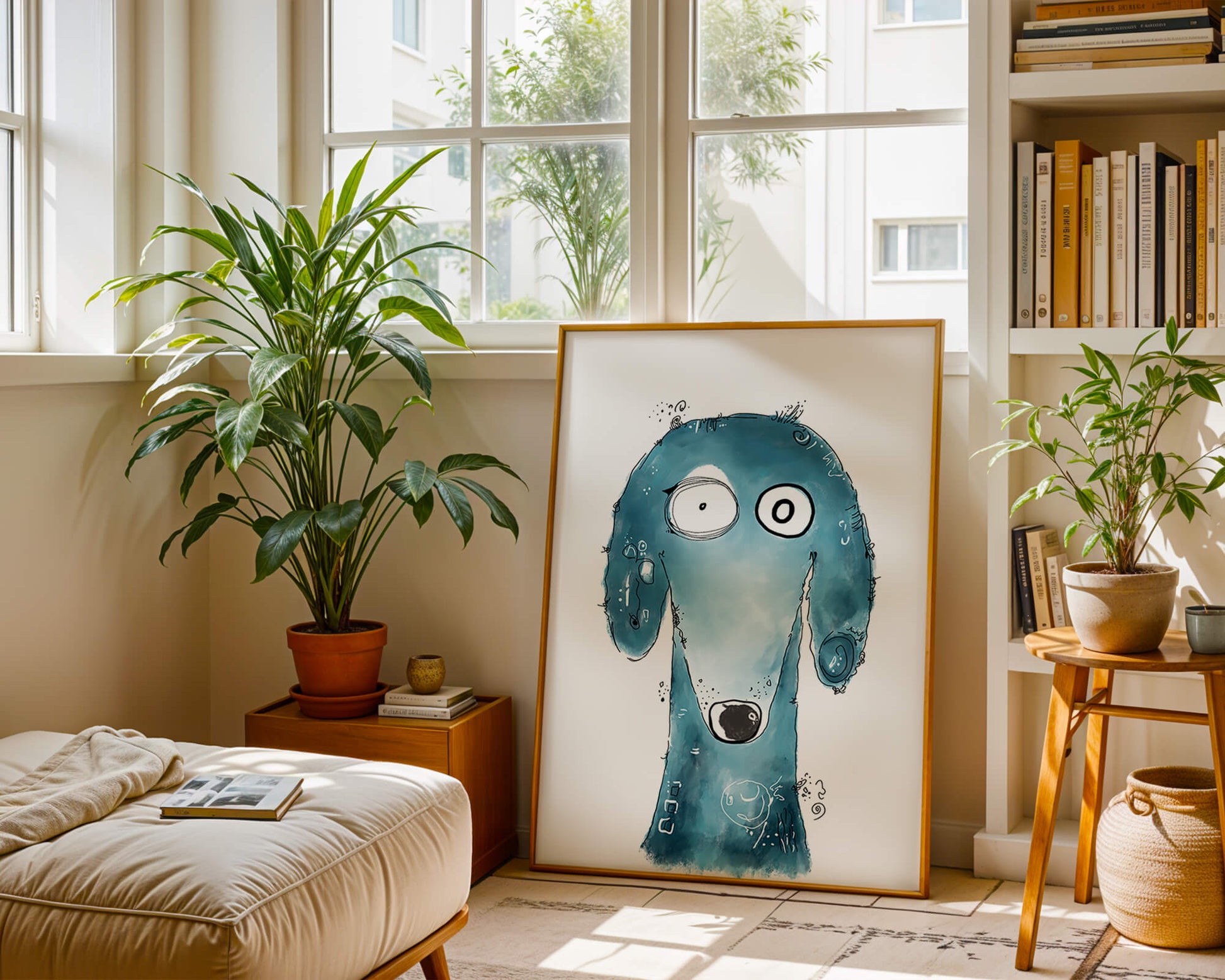 Whimsical blue dog illustration with expressive features