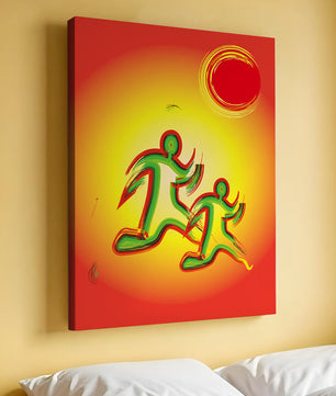 Abstract colorful figures under a vibrant sun with warm tones