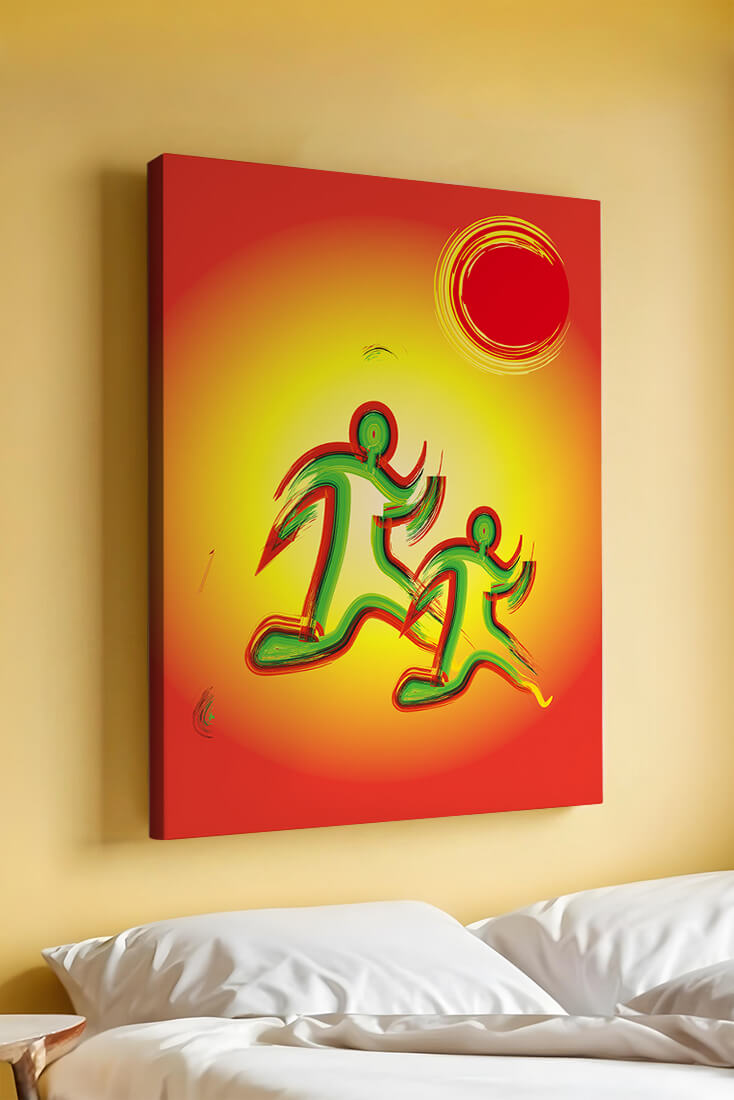 Abstract colorful figures under a vibrant sun with warm tones