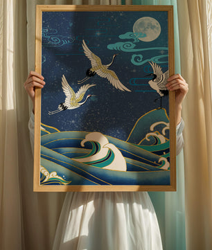 Una escena nocturna serena con grullas y olas al estilo del arte tradicional japonés