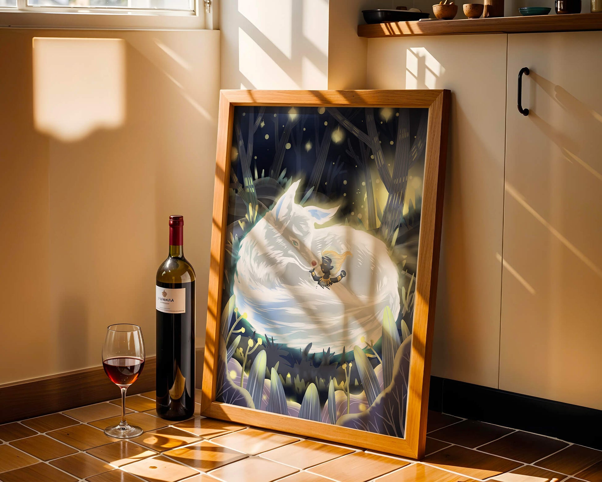 Whimsical forest scene with a sleeping wolf and a mysterious figure at night