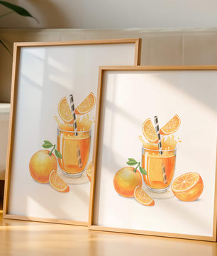 Illustration of a refreshing orange juice with fresh oranges and splash