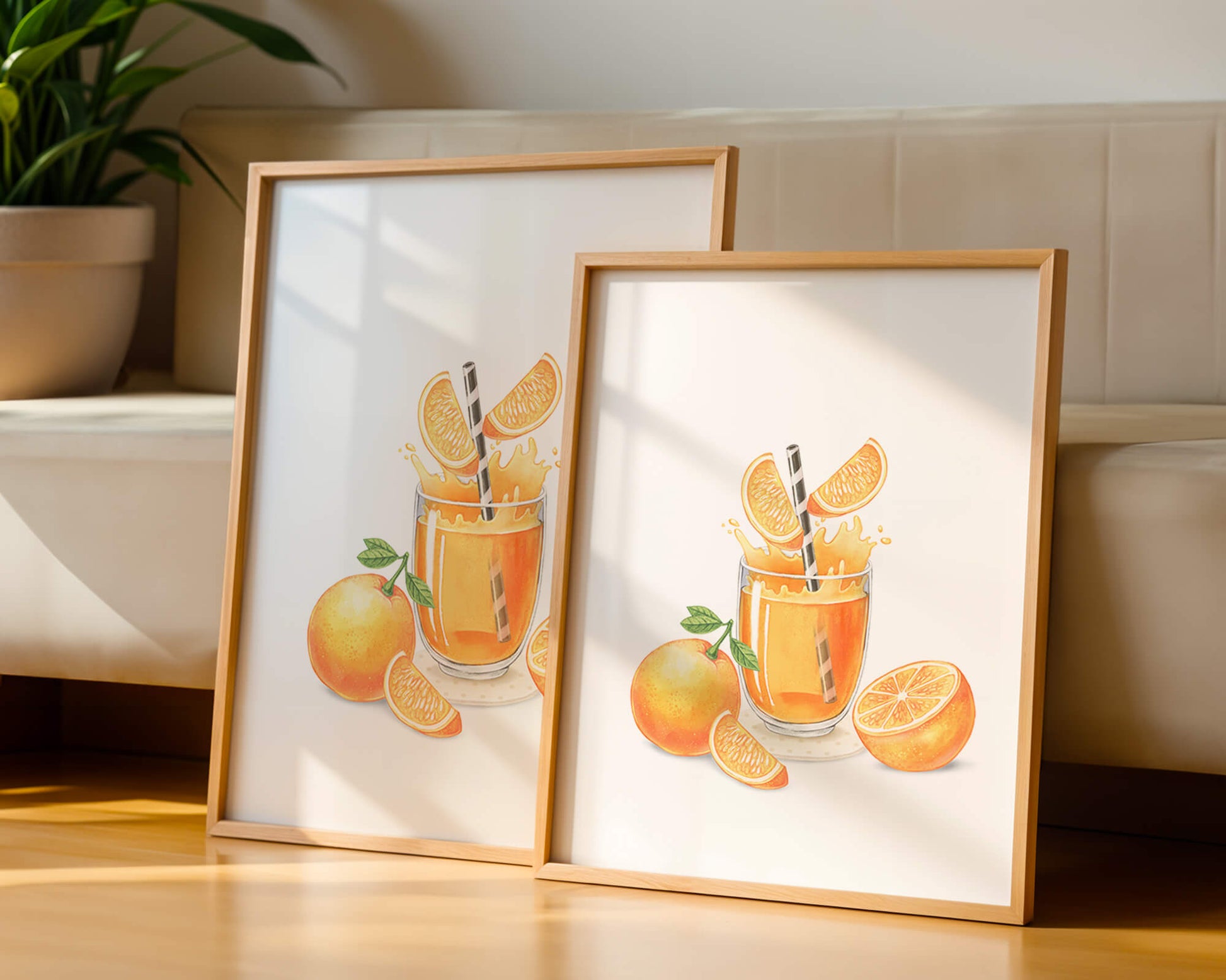 Illustration of a refreshing orange juice with fresh oranges and splash