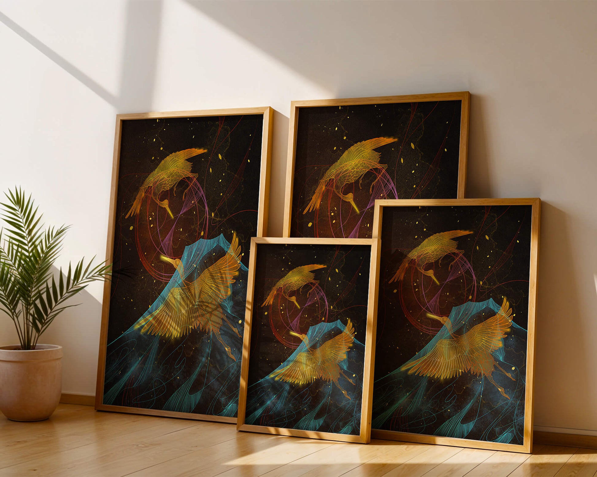 Elegant Cranes in Cosmic Dance with Golden and Blue Accents