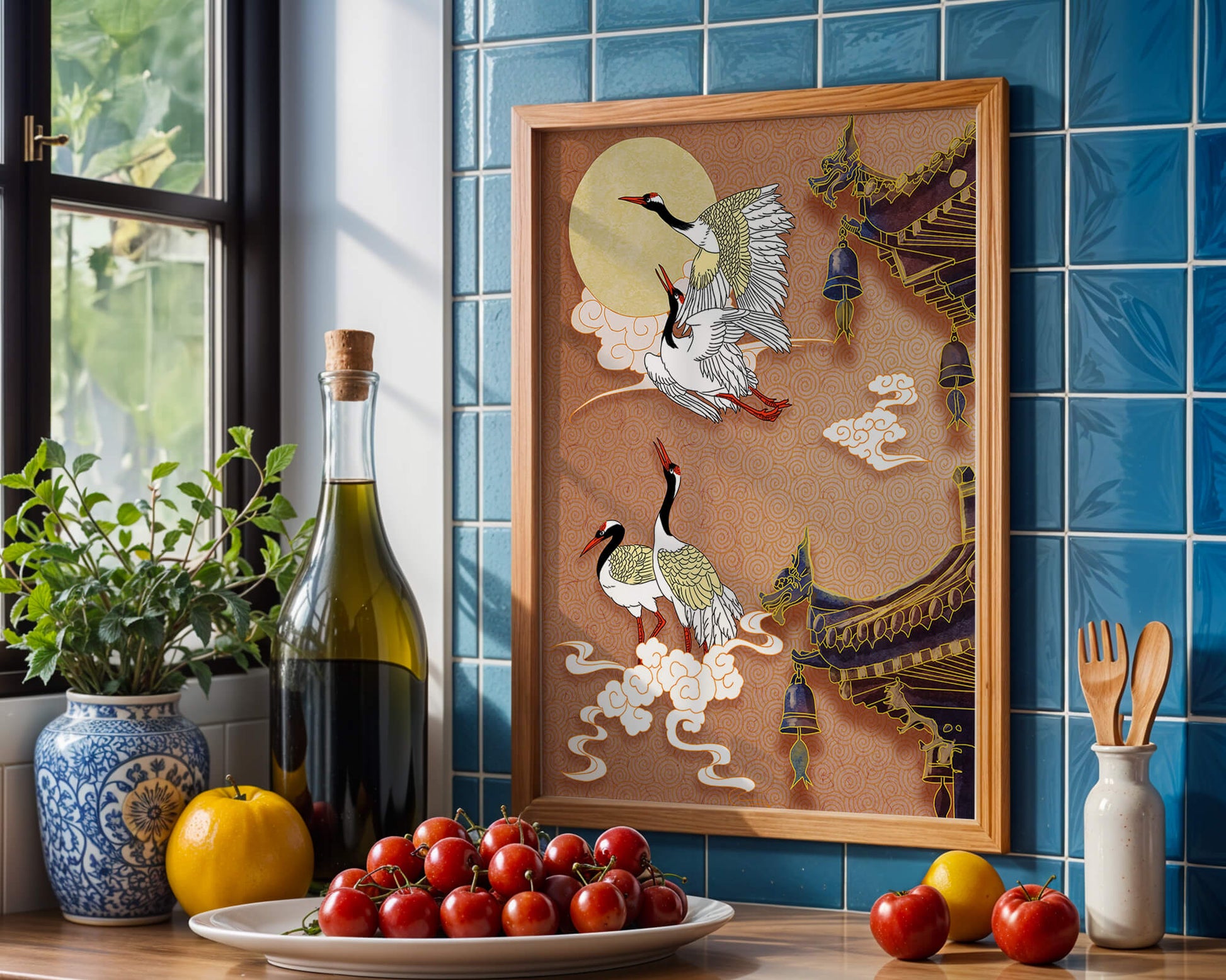 Oriental crane art with golden accents and architectural design