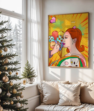 Retrato de mujer en arte pop colorido con globos y patrones vibrantes