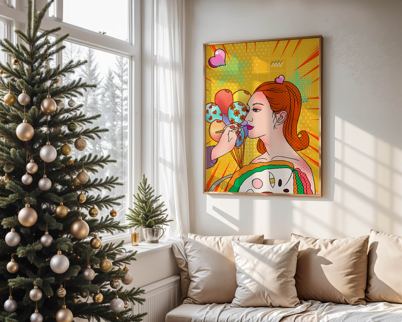 Colorful pop art woman portrait with balloons and vibrant patterns