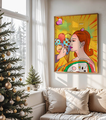Colorful pop art woman portrait with balloons and vibrant patterns
