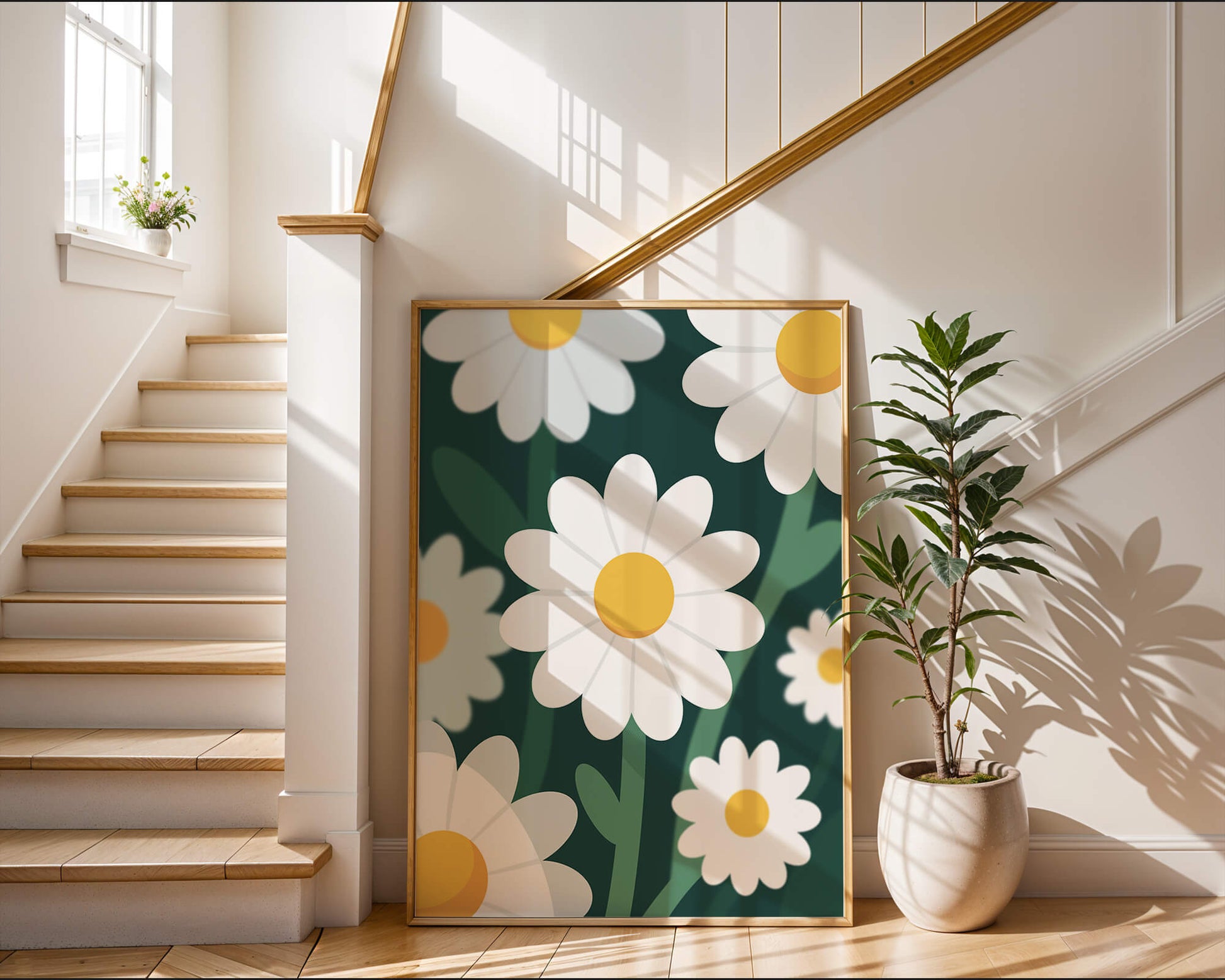 Margaritas sobre fondo verde oscuro con diseño abstracto